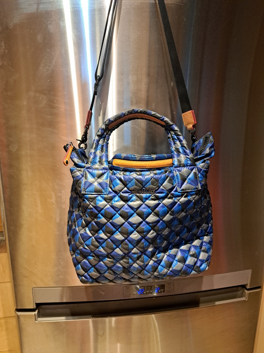 MZ Wallace Quilted Blue Tote with Orange Accents